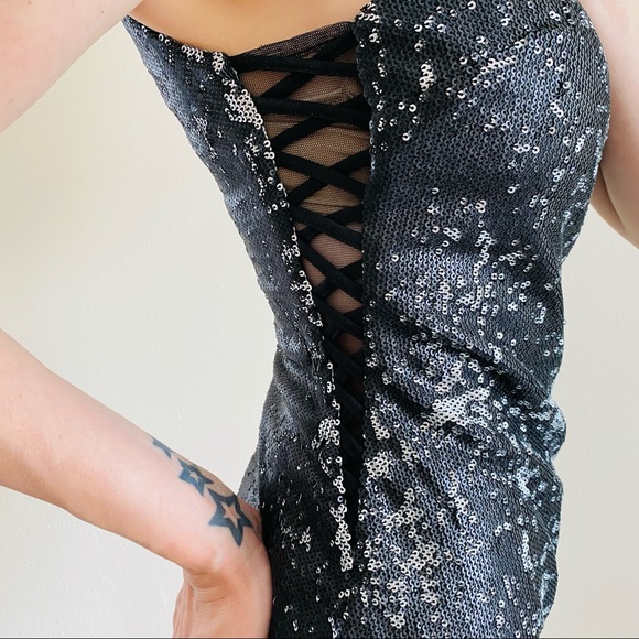 GB Black Sequins Mesh Mini Party Bodycon Dress - Picture 3 of 11